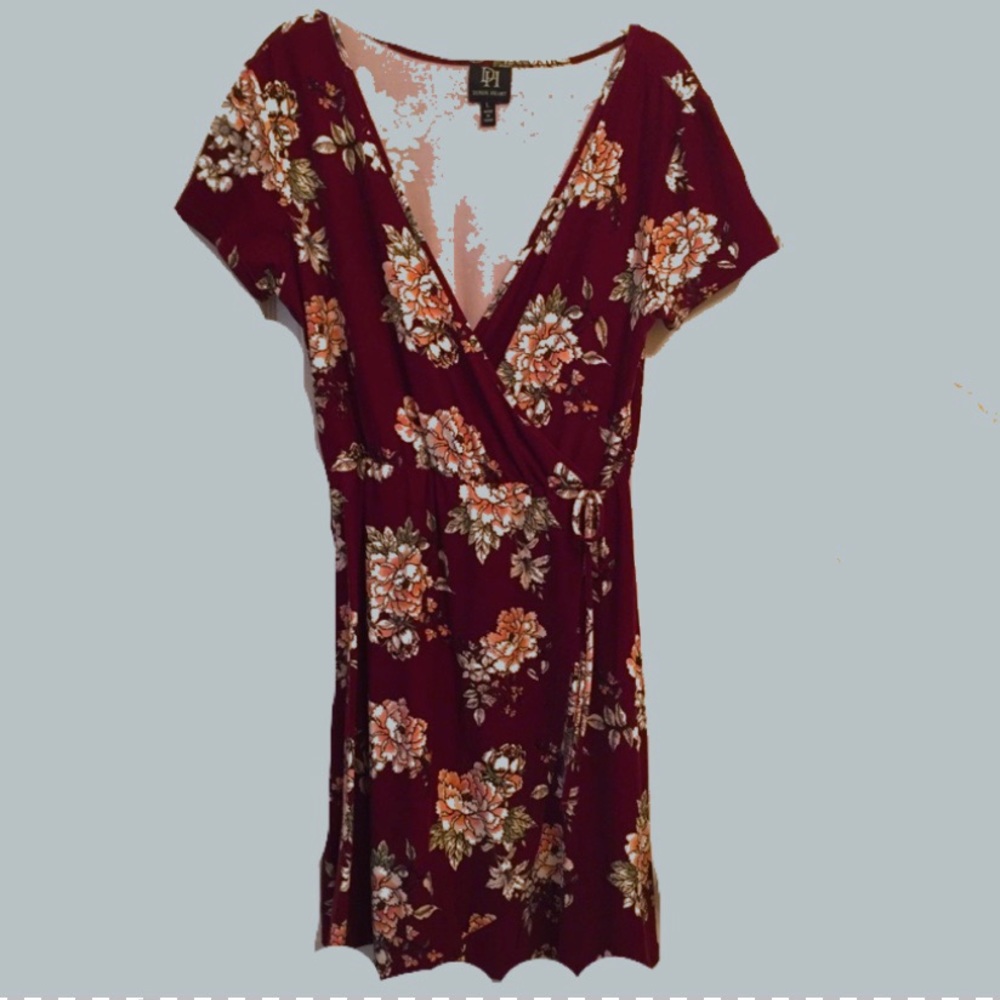 Burgundy floral soft faux wrap dress